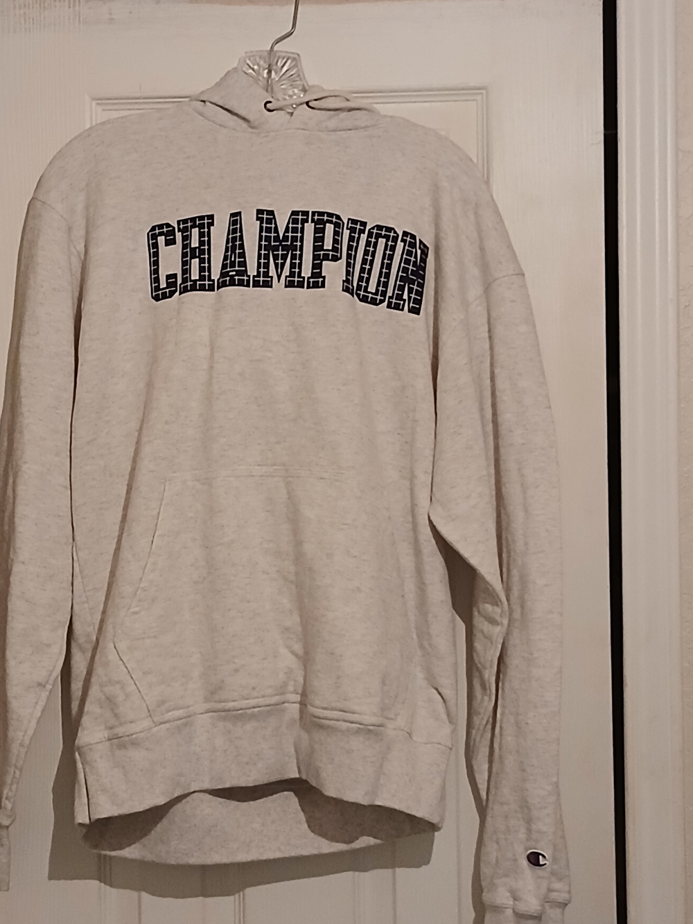 Champion Light Cream Hooded Sweatshirt with Navy Logo